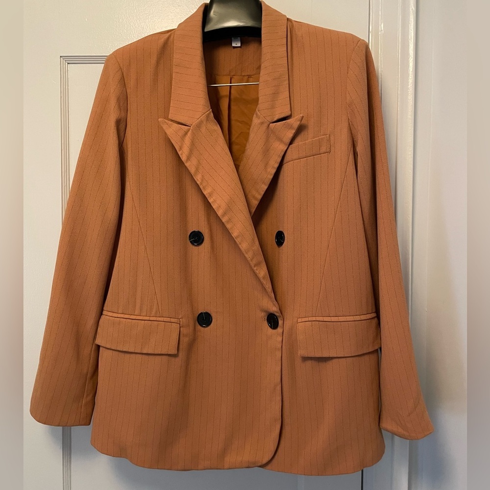 Only Double-Breasted Pin-Stripe Blazer Jacket in Rust Orange